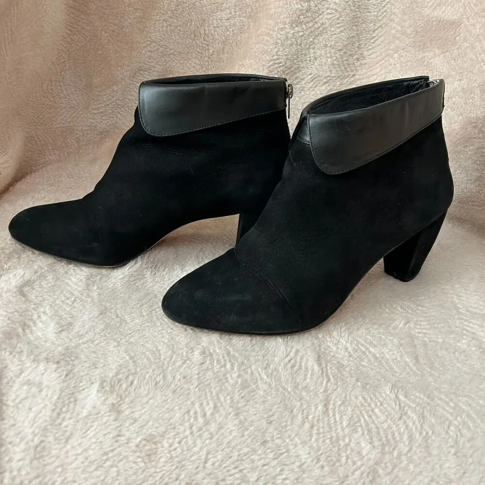 Loeffler Randall Suede Black Ankle Boots with Leather Peter Pan Collar